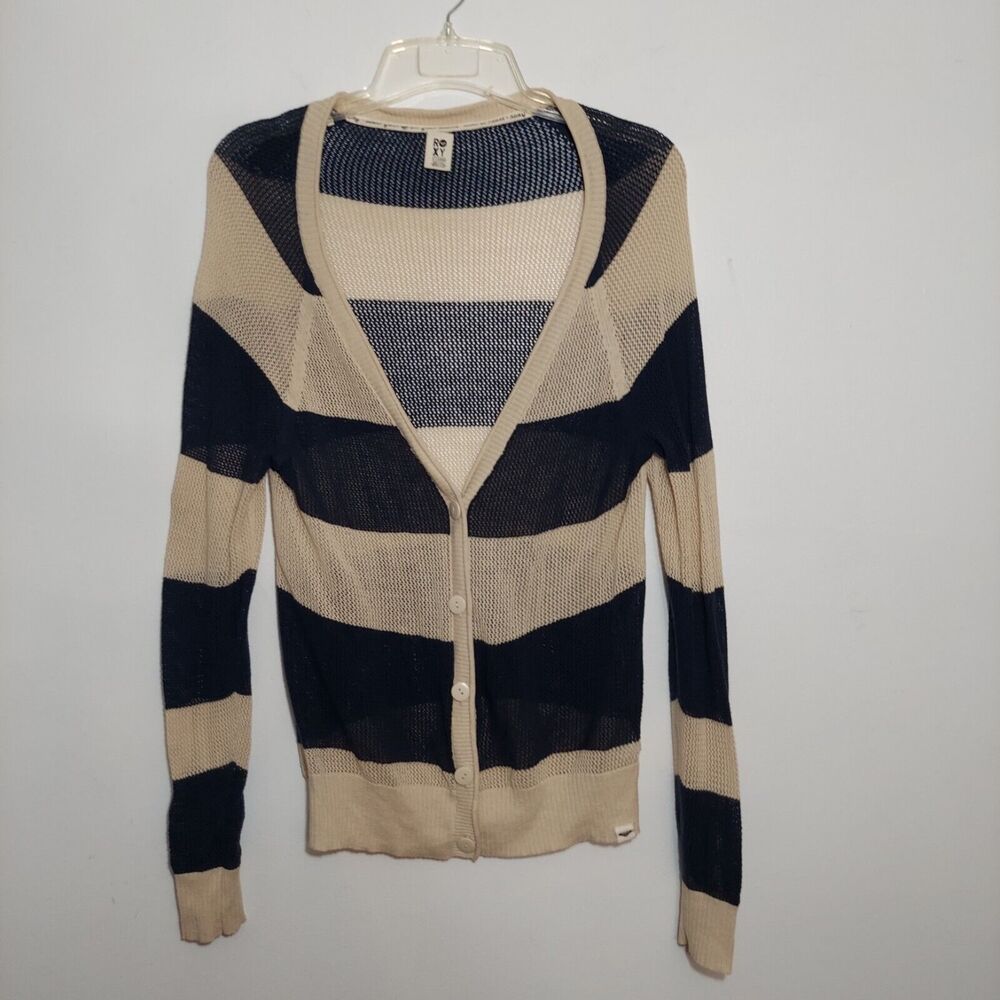 ROXY Junior's XL Light Weight Open Knit Striped Blue Beige Cardigan Sweater